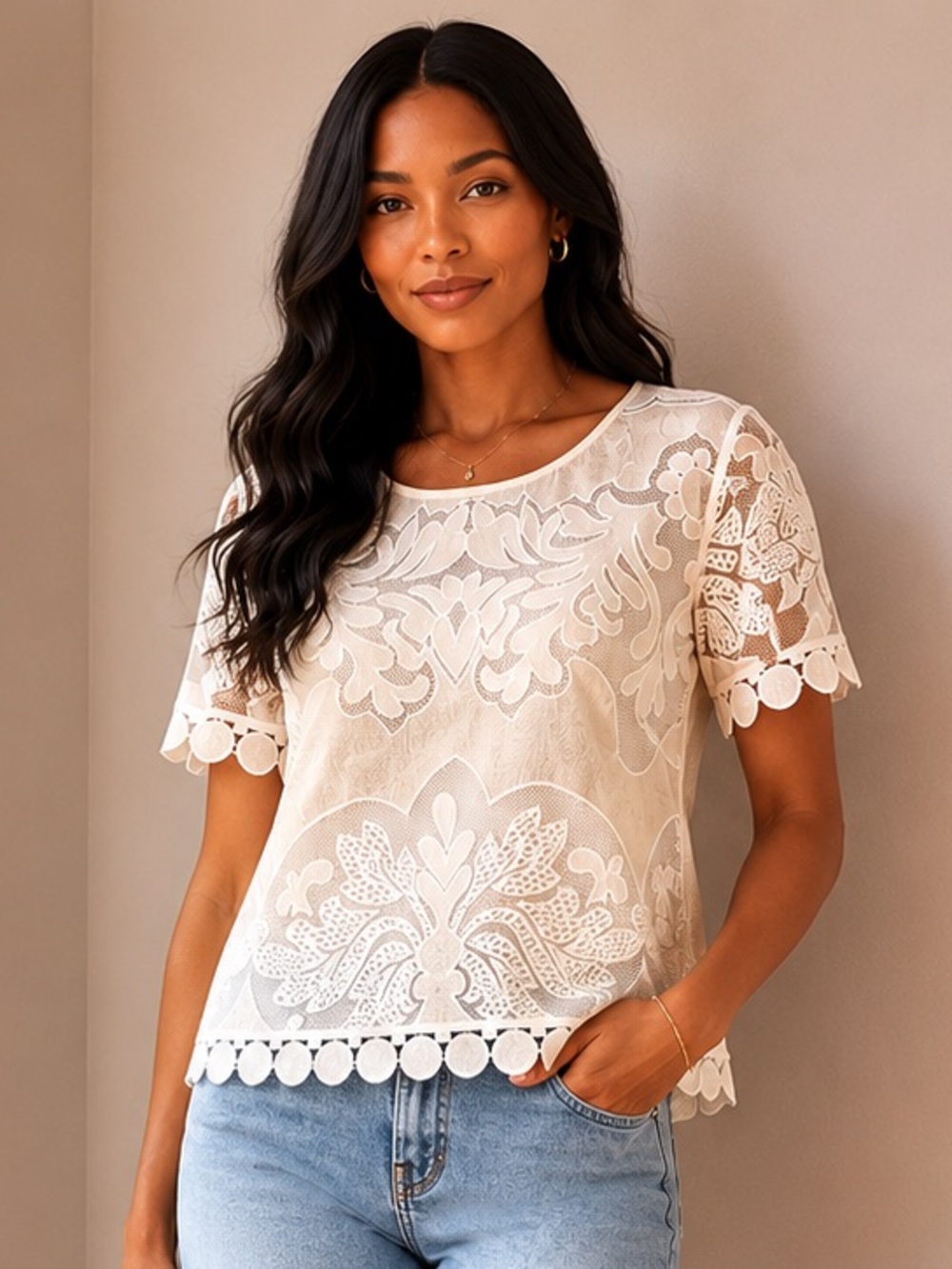 Women's Cream Lace Overlay Short Sleeve Top